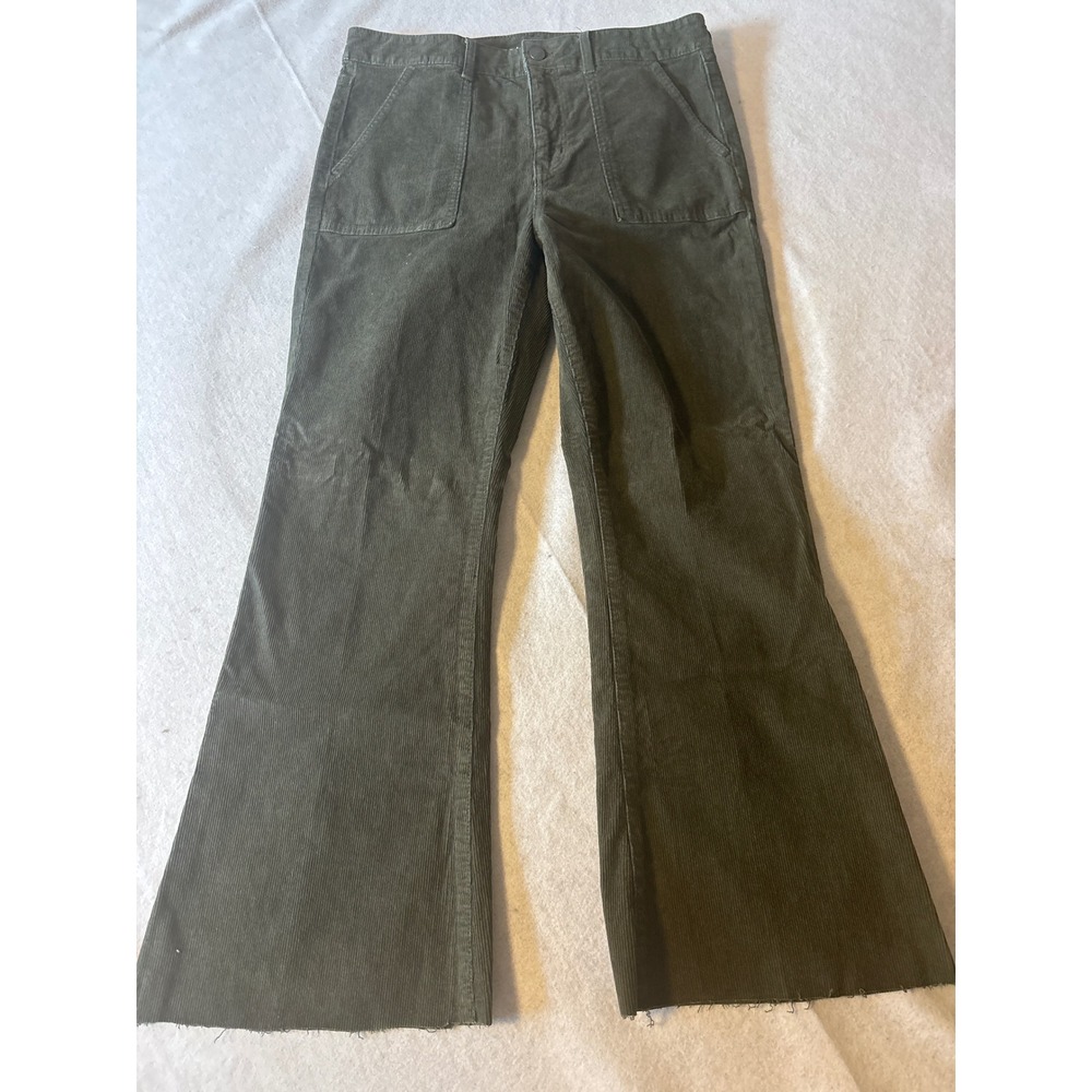 American Eagle Corduroy Flare Pants Womens 10 Olive Green Raw Hem High